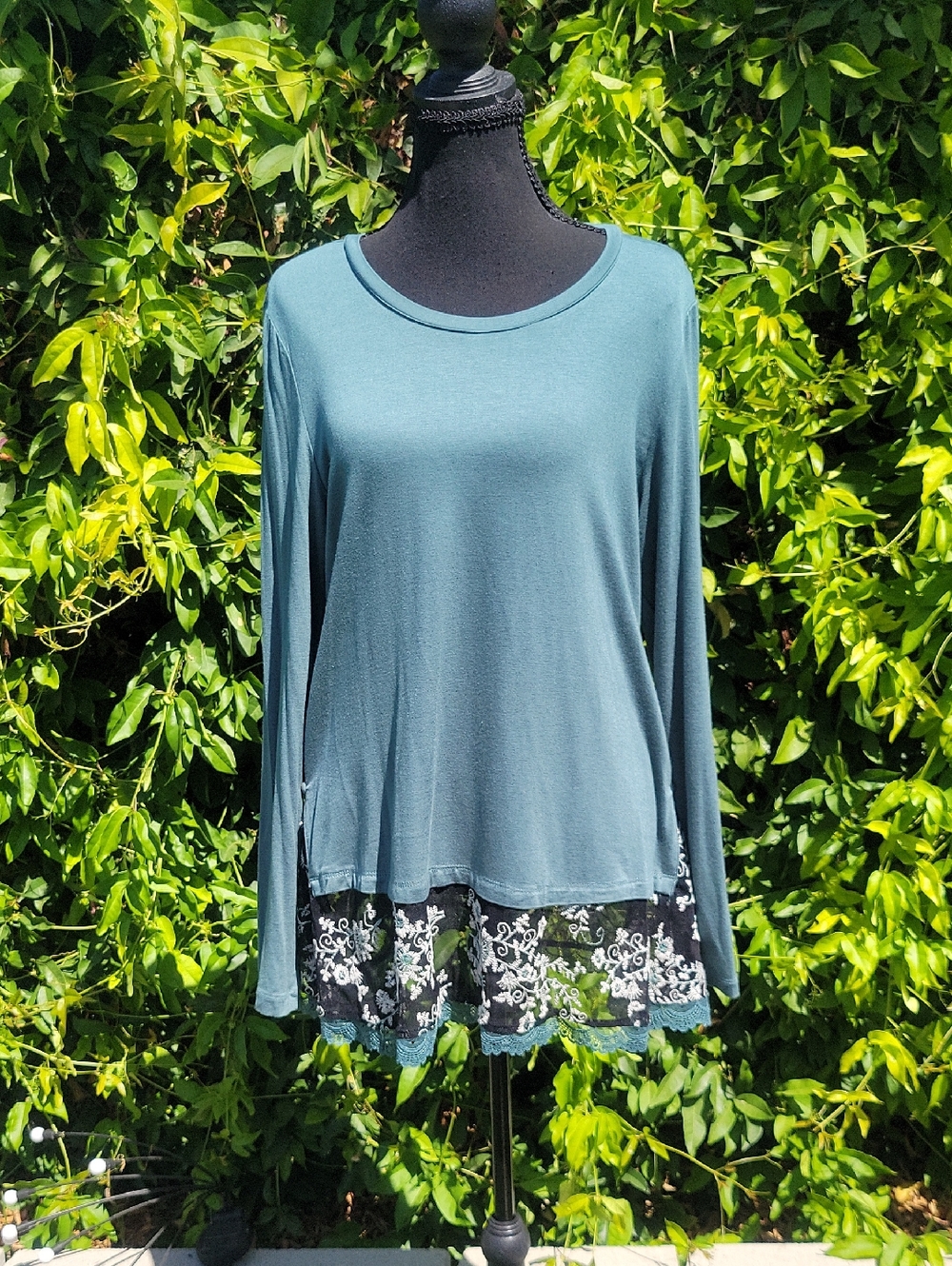 Teal Long-Sleeve Lace Embroidered Hem Women's Tunic Top M - Picture 2 of 12
